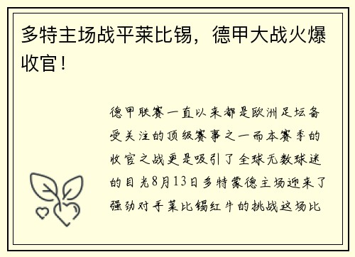 多特主场战平莱比锡，德甲大战火爆收官！