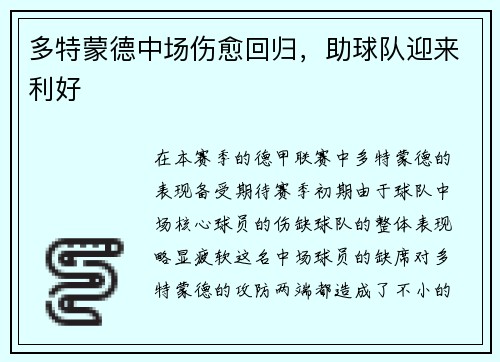 多特蒙德中场伤愈回归，助球队迎来利好